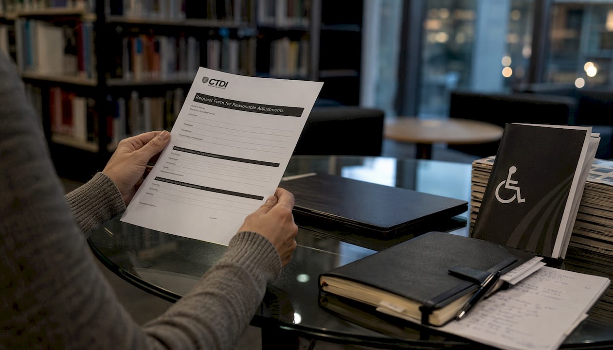 Hands holding disability support request form on desk