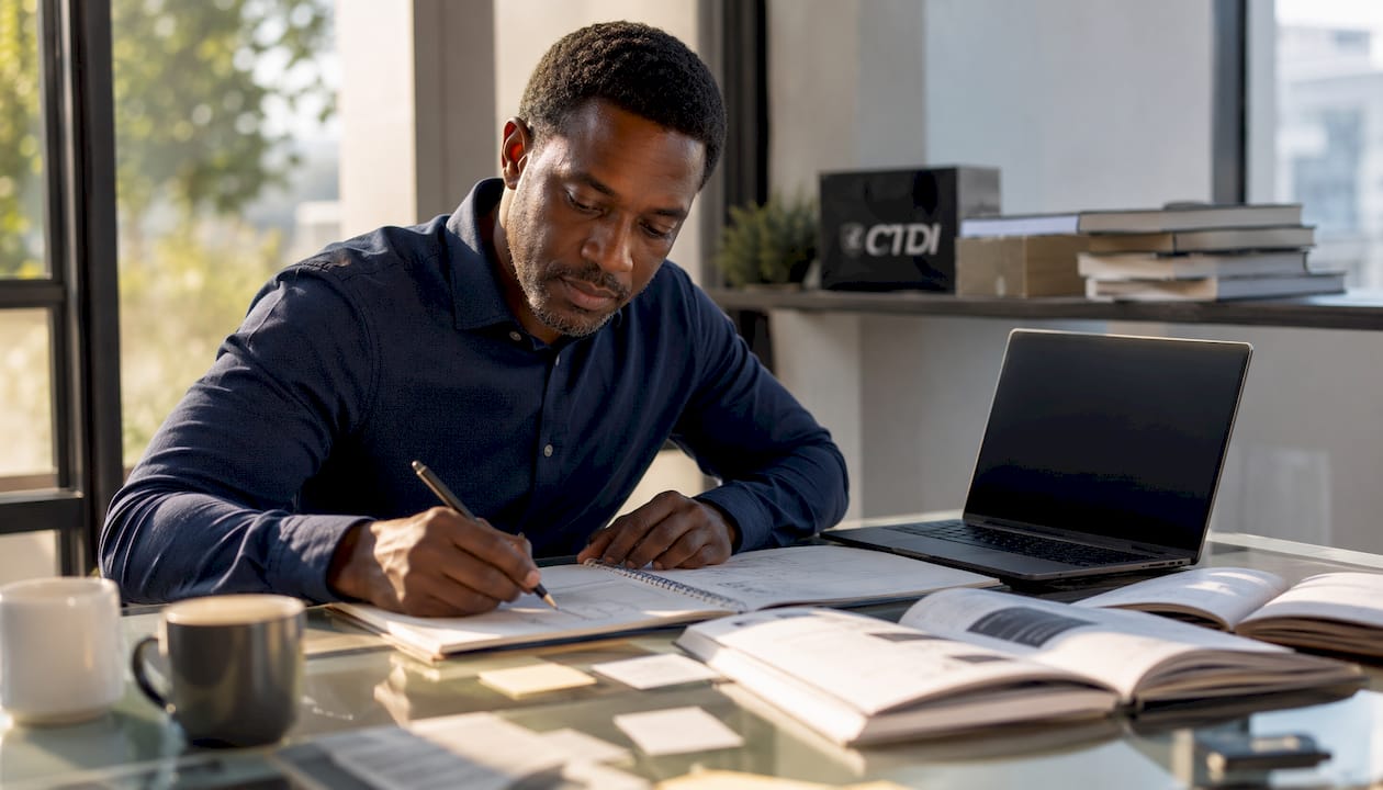 Man sketching SEO content layouts in home office