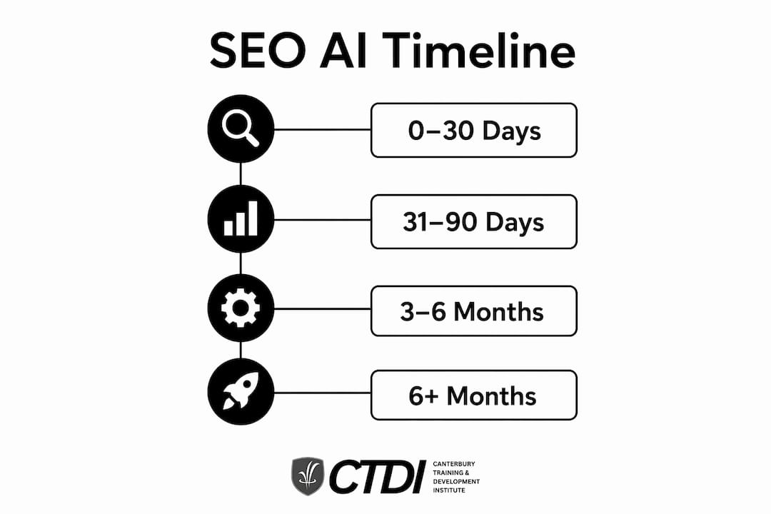 Infographic showing SEO AI timeline steps