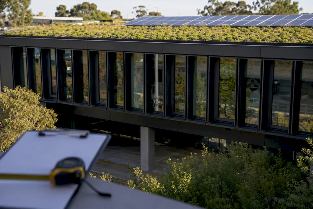 Sustainable commercial building with solar panels