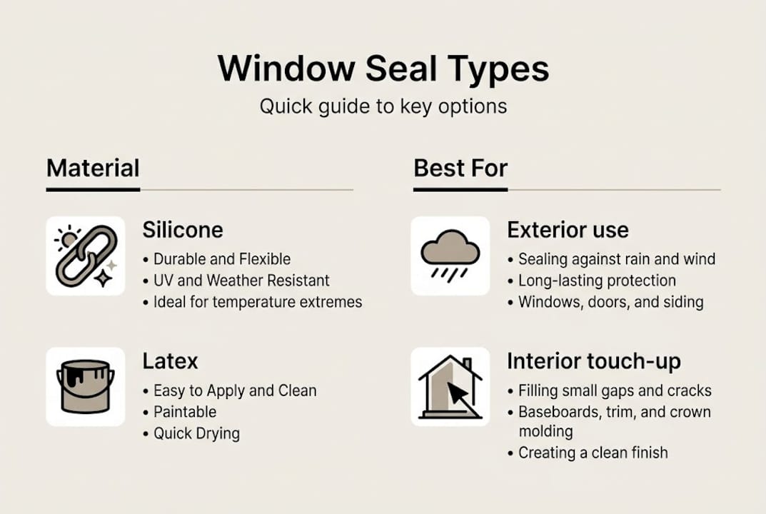 Infographic comparing window seal materials and uses