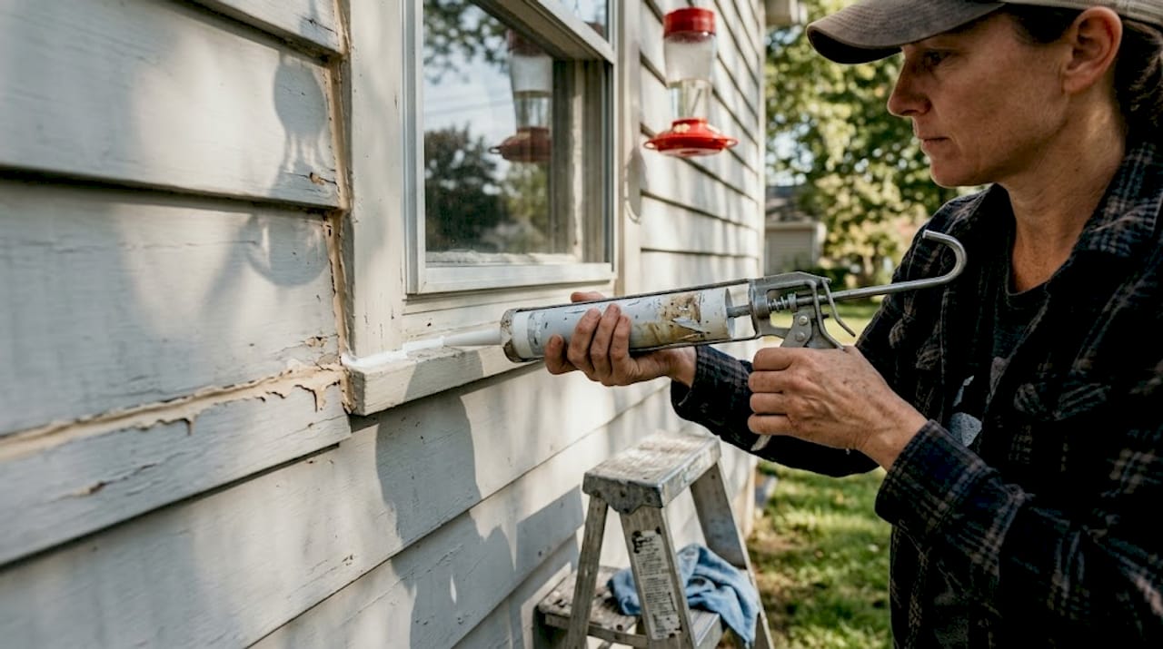 Person applying silicone seal to window frame