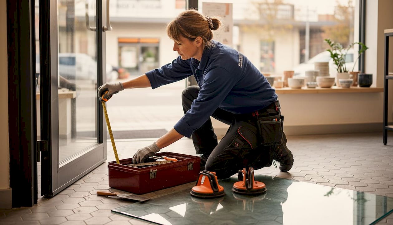 Technician measuring glass door frame in shop