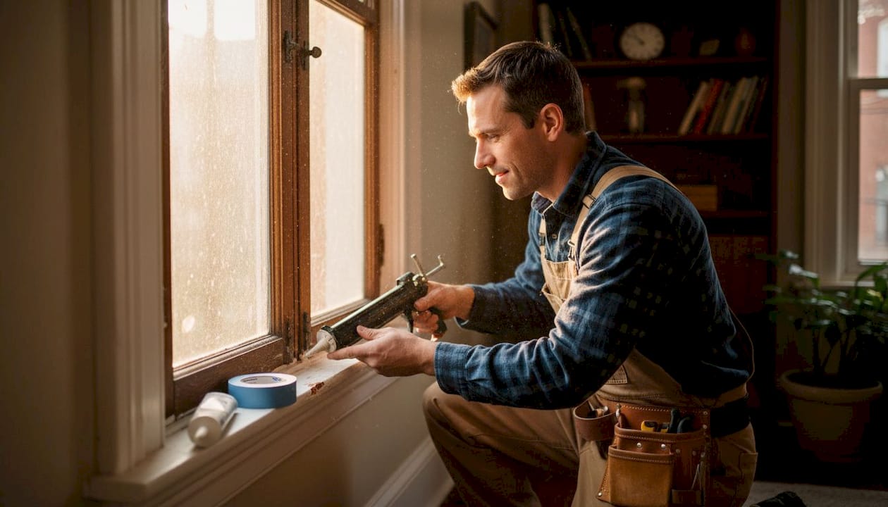 Technician resealing window frame in row house