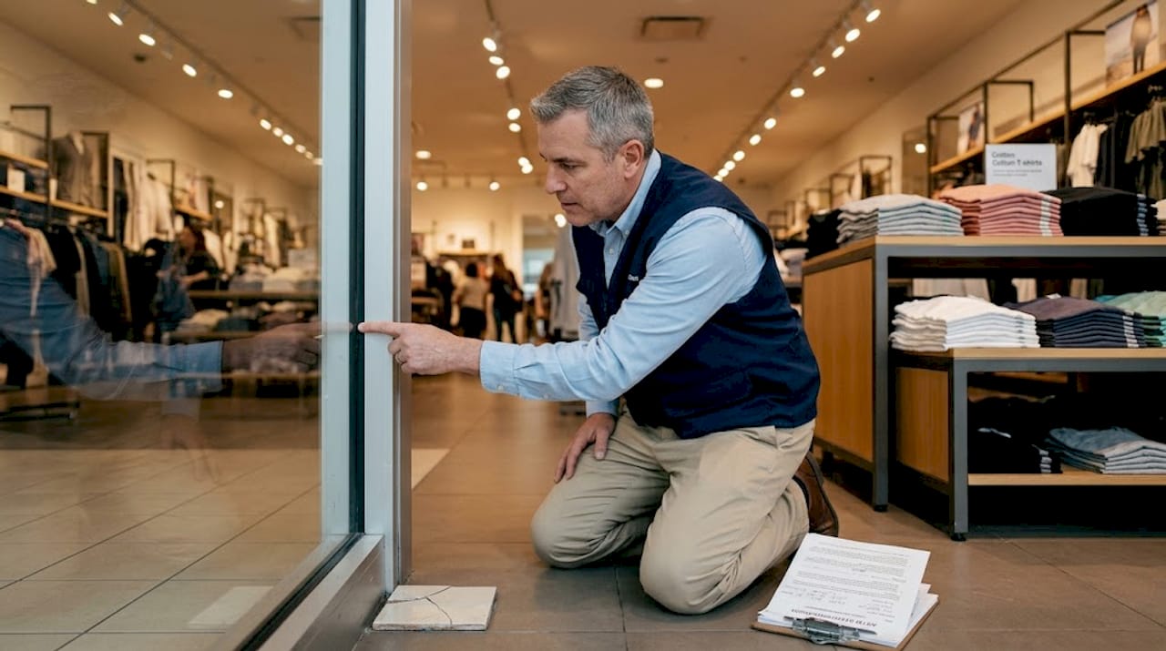 Inspector checks storefront window sealant indoors