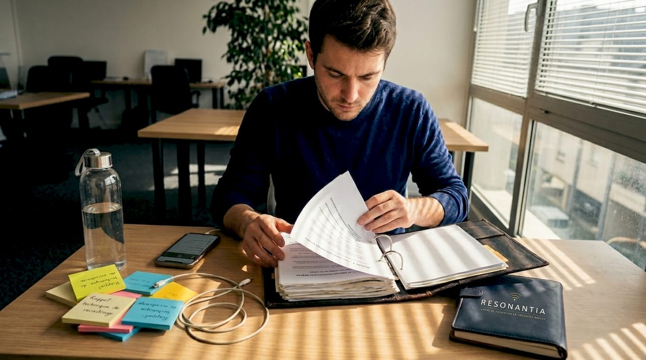 Un thérapeute en train de consulter son classeur rempli de supports de formation