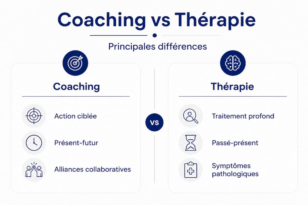 Tableau comparatif entre accompagnement en coaching et prise en charge thérapeutique : les différences en un coup d'œil
