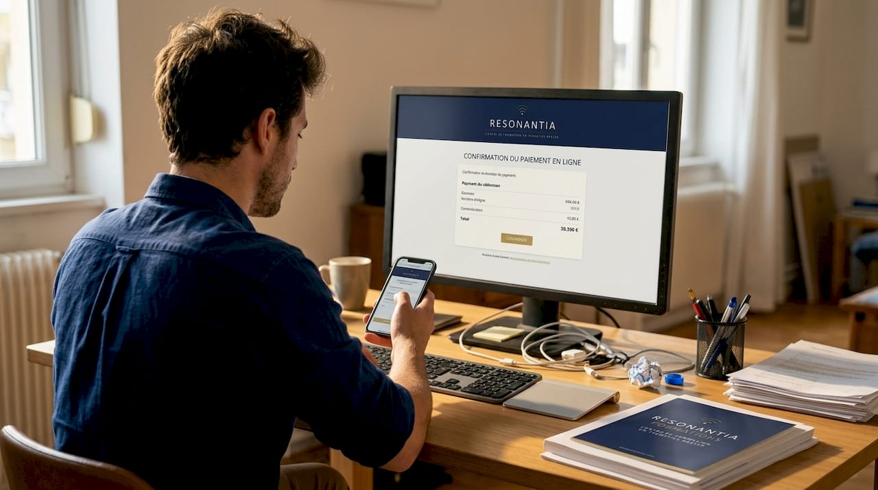 Un homme finalise son inscription en effectuant un paiement en ligne