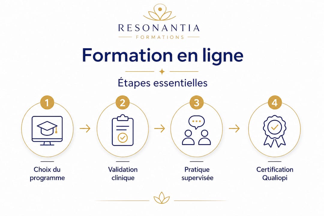 Découvrez en un coup d’œil les étapes clés de notre parcours de formation en hypnose à distance grâce à cette infographie.