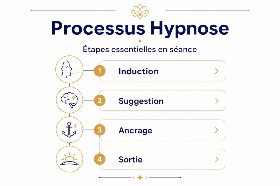 Les grandes étapes de l’hypnose présentées sous forme d’infographie verticale