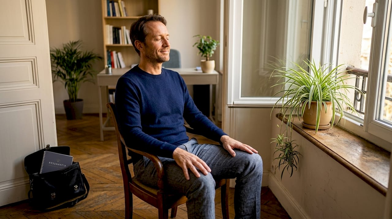Un thérapeute plongé dans ses pensées, entouré par la douceur d’un cabinet propice à la sérénité.