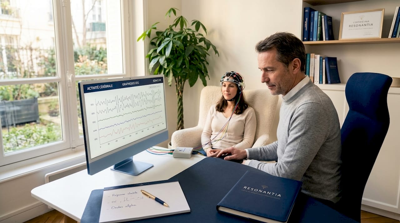 Un technicien supervise l’enregistrement de l’activité cérébrale pendant une séance de neurofeedback.