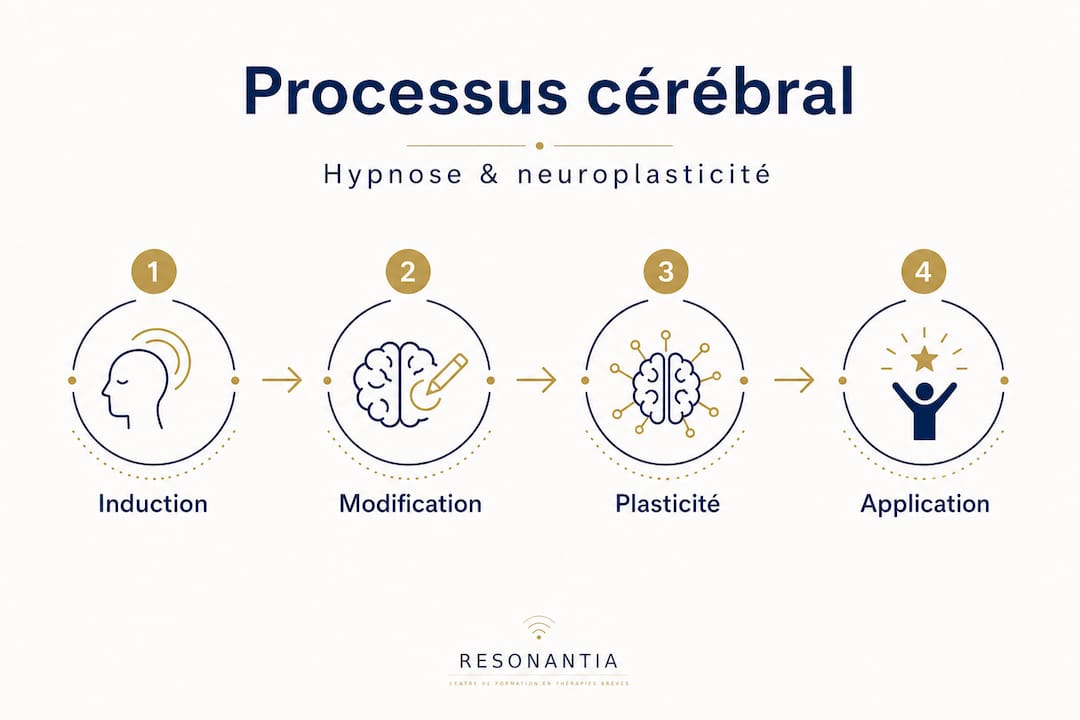 Illustration des différentes étapes du processus hypnotique et de son impact sur la plasticité cérébrale