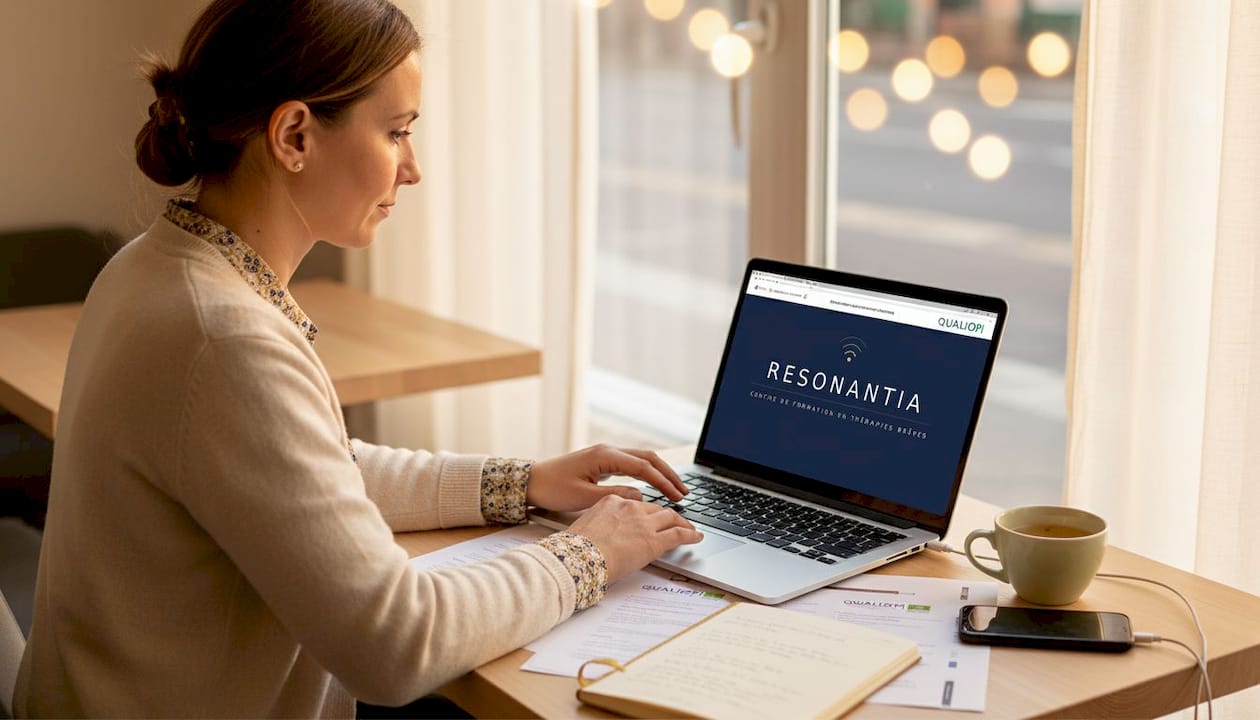 Une femme qui suit une formation certifiée Qualiopi depuis chez elle