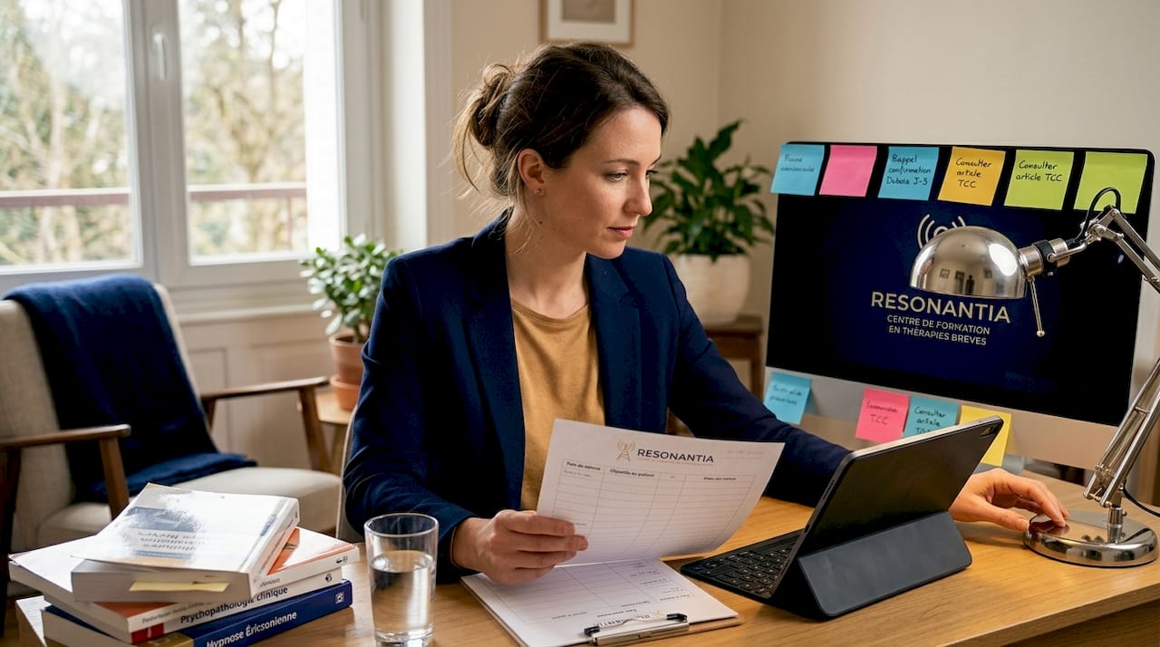Installé à son bureau, le thérapeute prend le temps d'analyser une fiche de travail dans le calme de son cabinet à domicile.