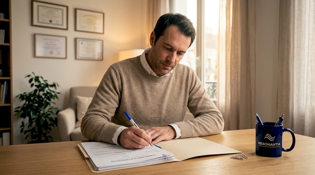 Psychologue en train de finaliser son dossier d’habilitation