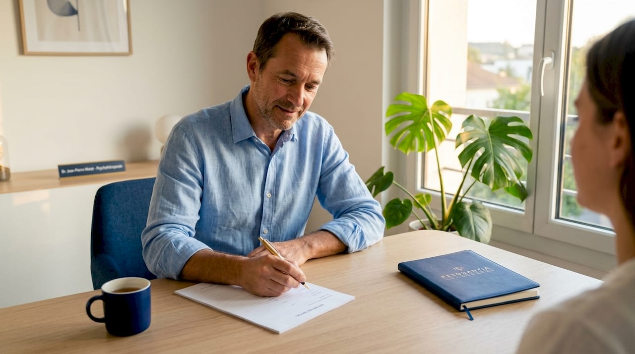 Lors du premier rendez-vous, le thérapeute prend quelques notes pour mieux cerner la situation et suivre l'évolution du patient.