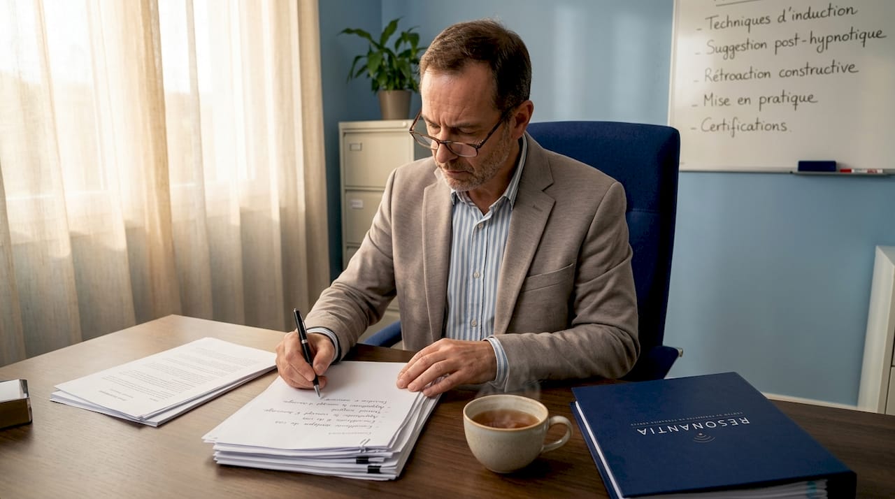 Un formateur en hypnose échange avec son élève et lui donne des conseils personnalisés autour d’un bureau.