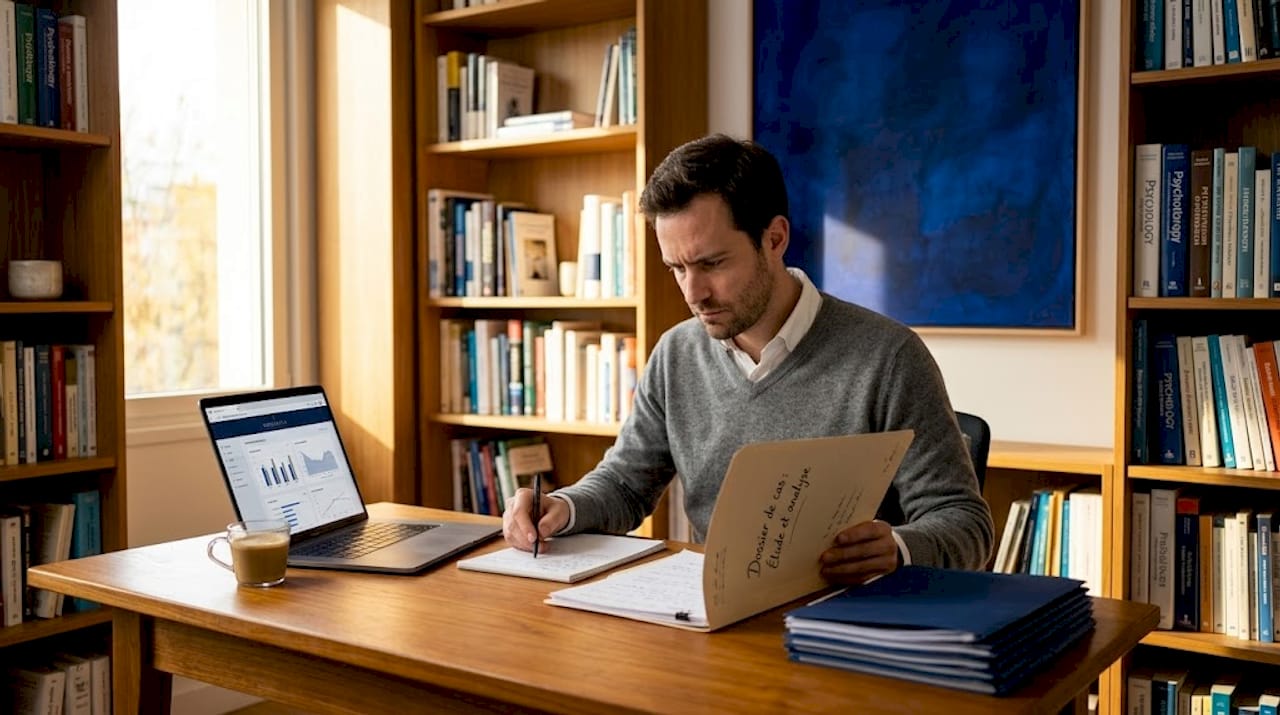 Psychothérapeute en train de rédiger ses notes cliniques à son bureau