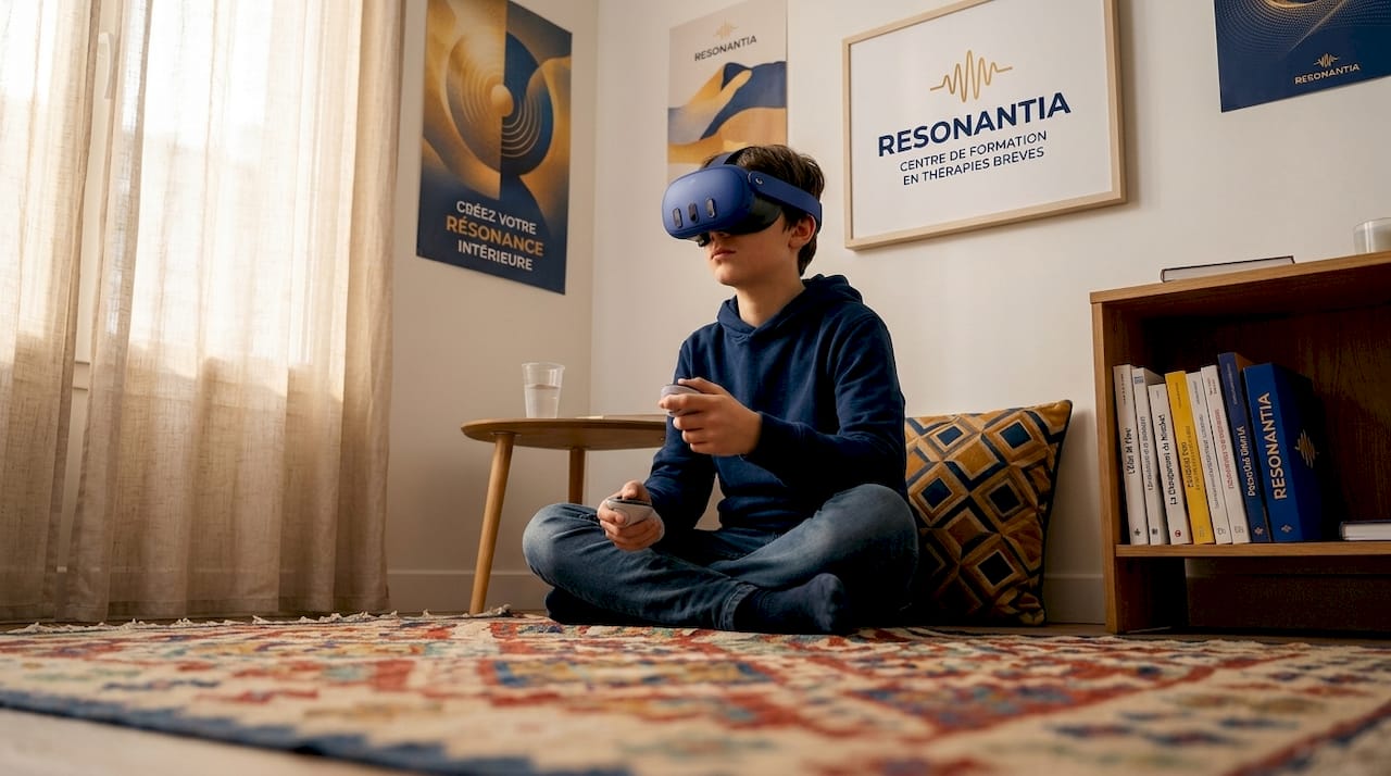 Un adolescent suit une séance d’hypnose à distance grâce à un casque de réalité virtuelle.