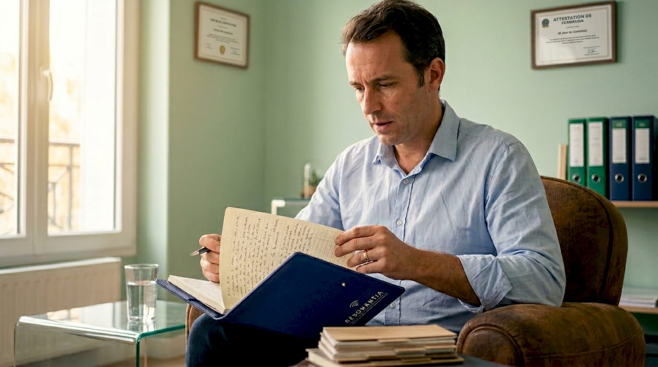 Un homme en train de relire ses notes de formation en hypnose