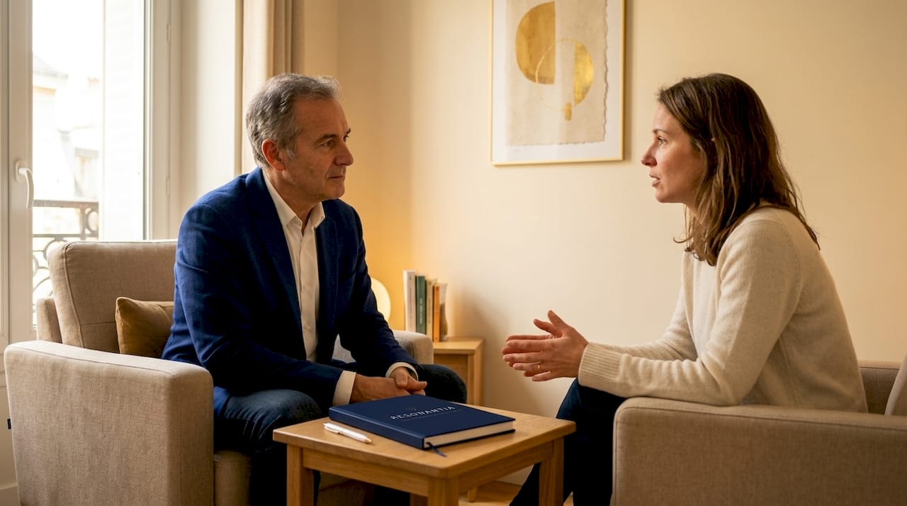 Un thérapeute attentif échange avec son patient lors d’une séance.