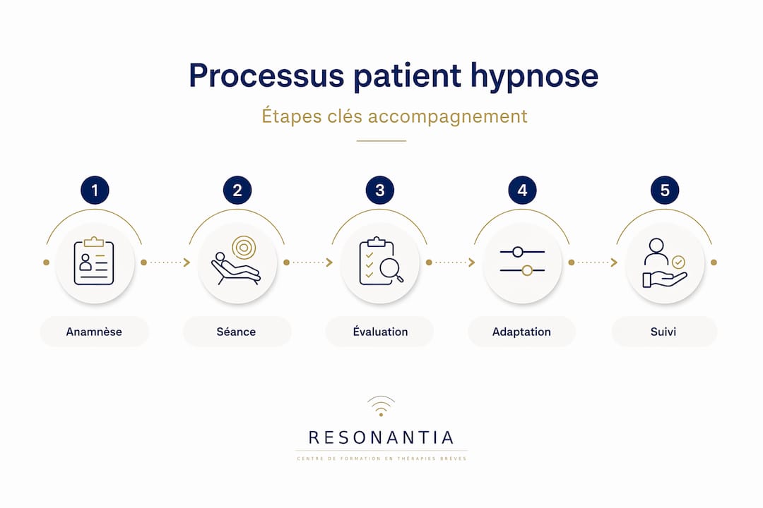 Schéma : le parcours du patient en hypnose en cinq étapes clés