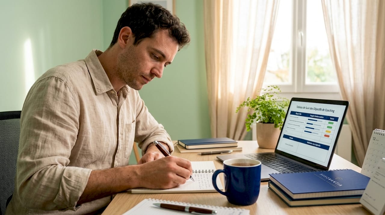 Un homme installé à son bureau, en pleine réflexion pour définir les objectifs de son prochain accompagnement.