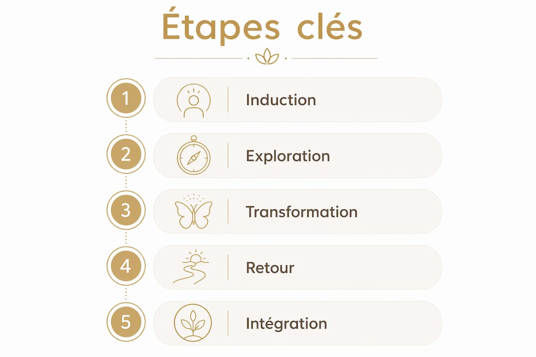 Découvrez en un coup d’œil les différentes étapes essentielles de l’hypnose intégrative grâce à cette infographie.