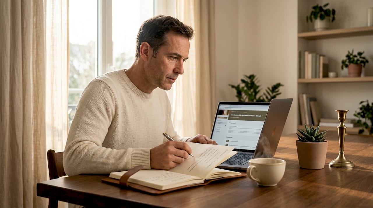 Un homme suit une formation en ligne pour approfondir sa spiritualité.
