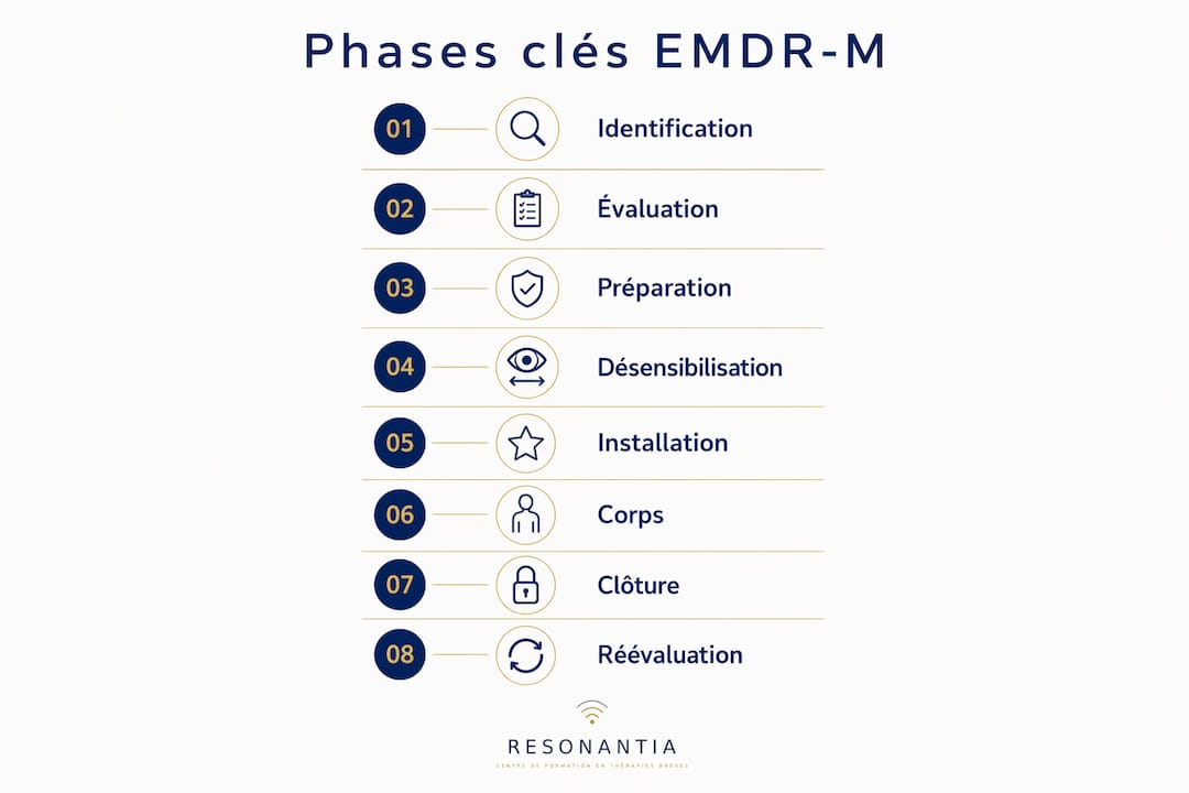 Schéma des étapes essentielles de la démarche EMDR-M