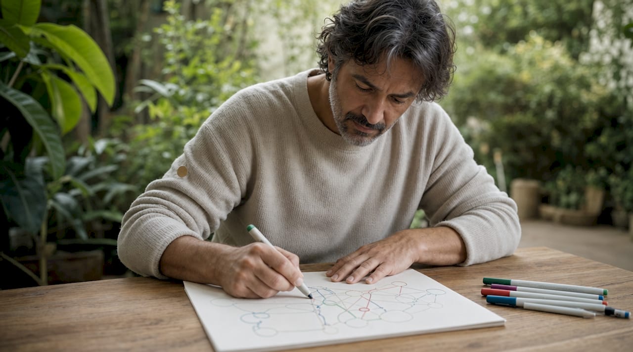 Des mains esquissent un génosociogramme familial à l’aide de feutres.