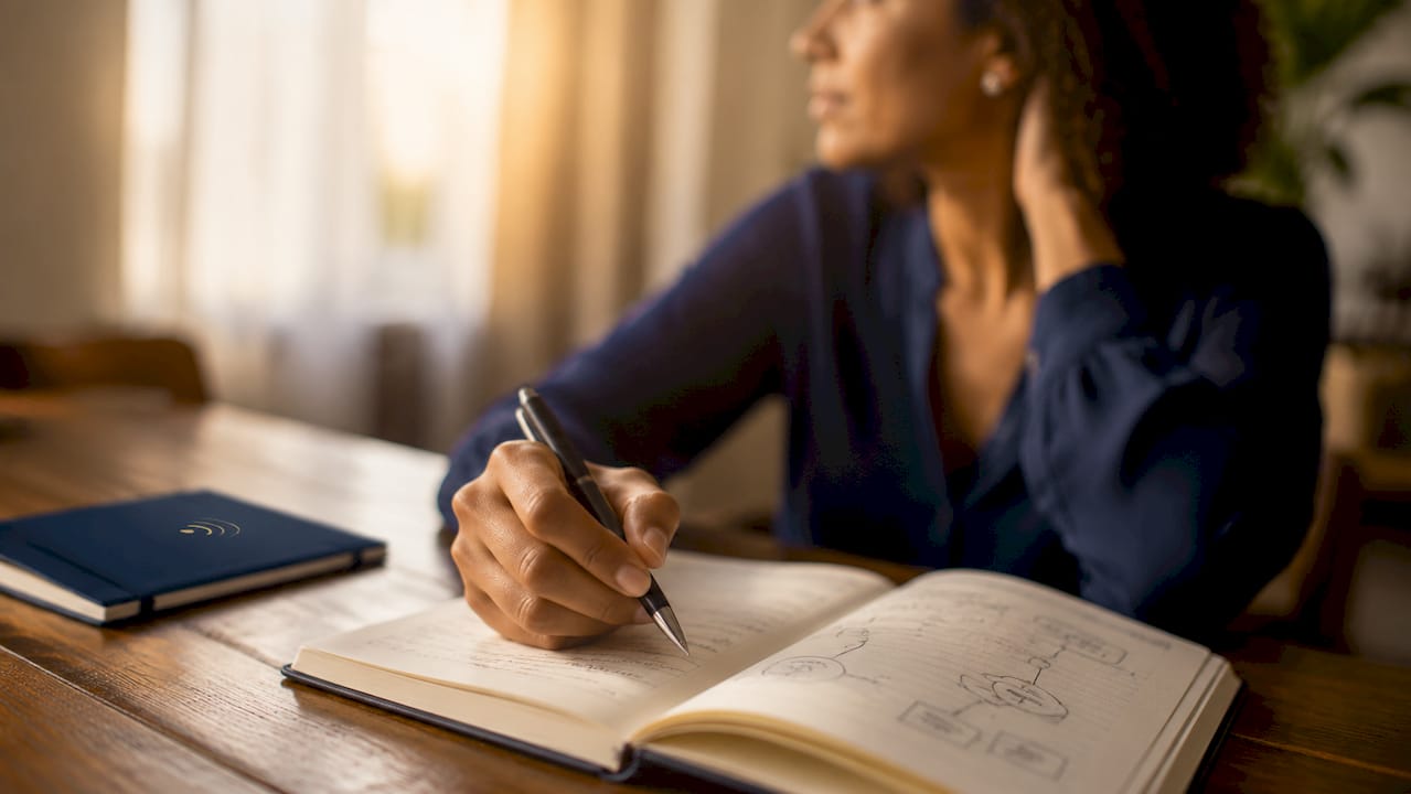 Une main griffonne des notes pendant une réunion