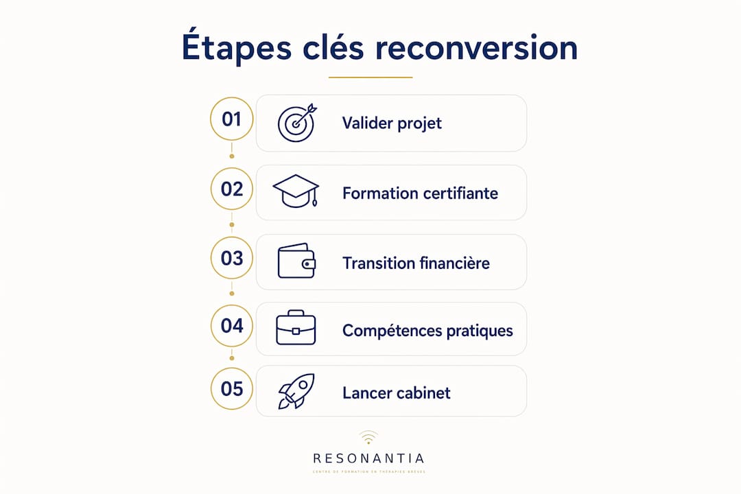 Les grandes étapes pour réussir sa reconversion en tant que thérapeute, présentées en infographie