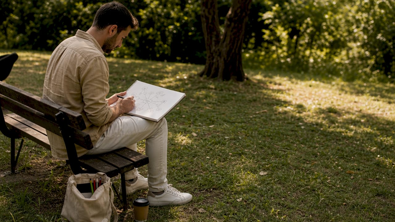Un homme en train de représenter son arbre généalogique sous forme de génosociogramme