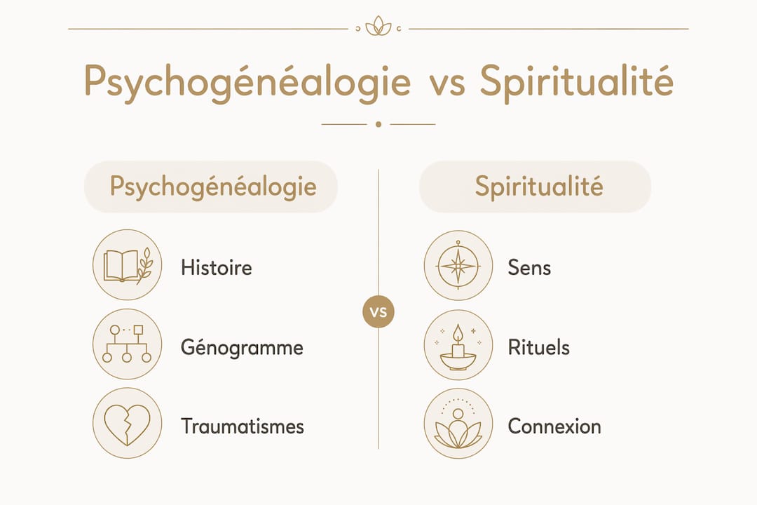 Infographie : les différences et points communs entre psychogénéalogie et spiritualité