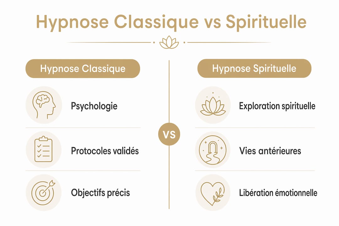 Infographie : différences et points communs entre hypnose traditionnelle et hypnose spirituelle