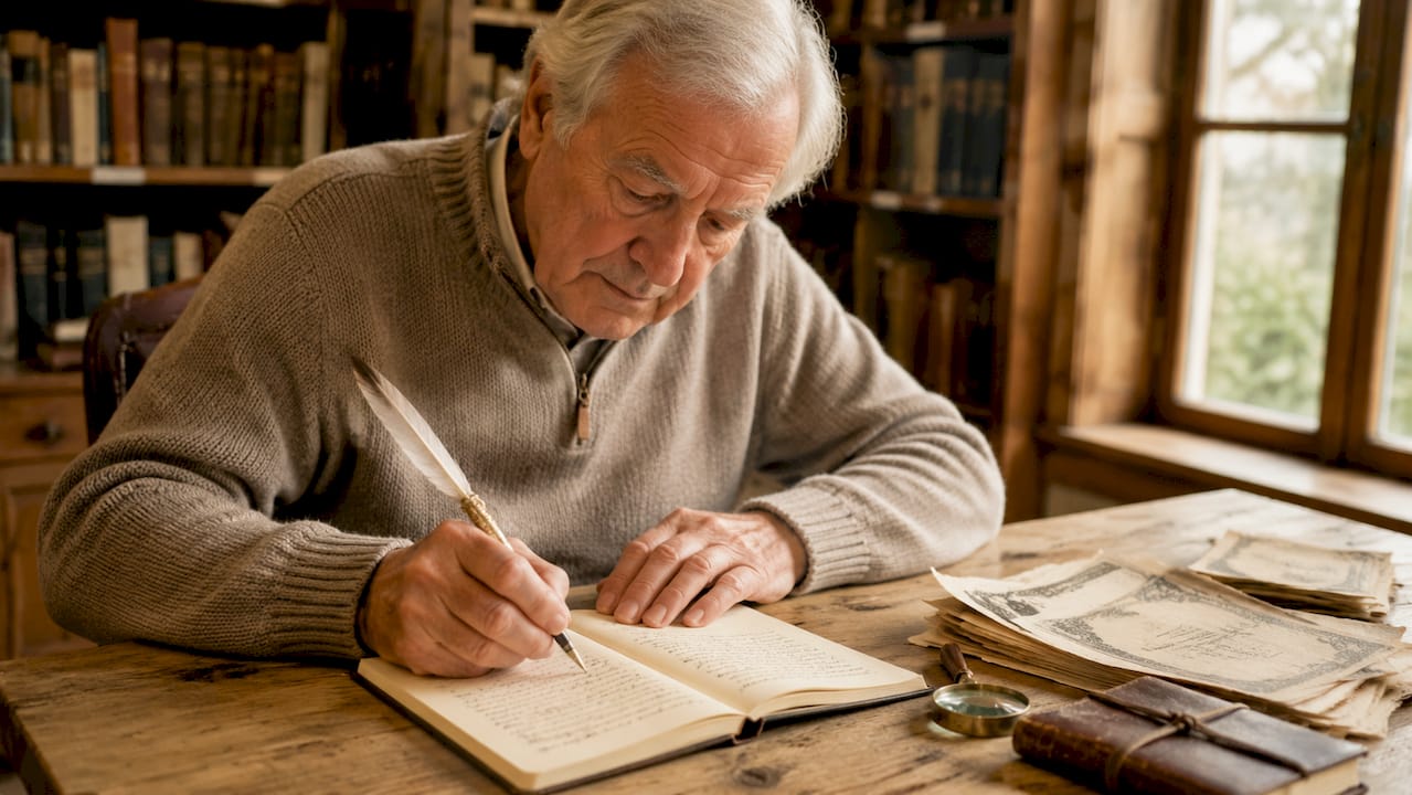 Des mains s'appliquent à annoter des notes sur l'arbre généalogique familial.