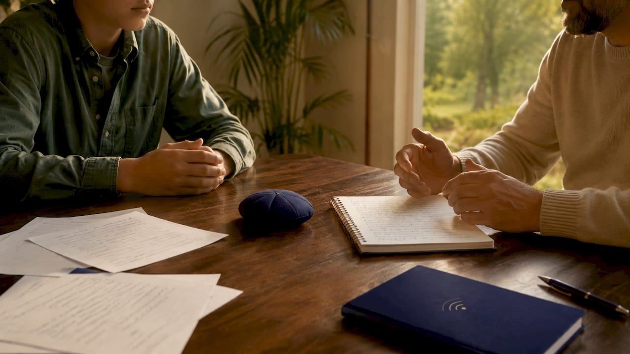 Vue de dessus montrant les mains d’un conseiller et d’un adolescent posées sur la table.