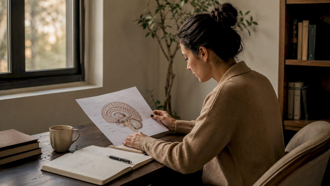 Des mains qui interagissent avec un schéma cérébral, illustrant une approche neuroscientifique.