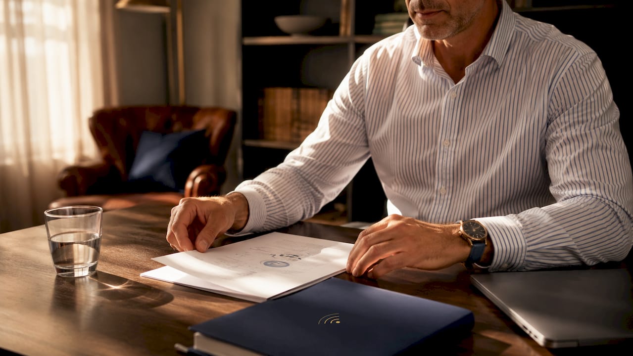 Un coach en train de préparer ses notes pour sa prochaine séance, installé à son bureau.