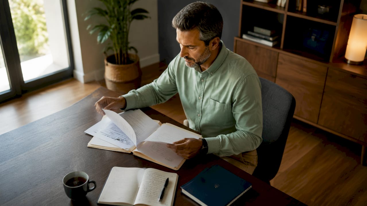 Les mains d’un thérapeute en train de classer des dossiers papier sur son bureau