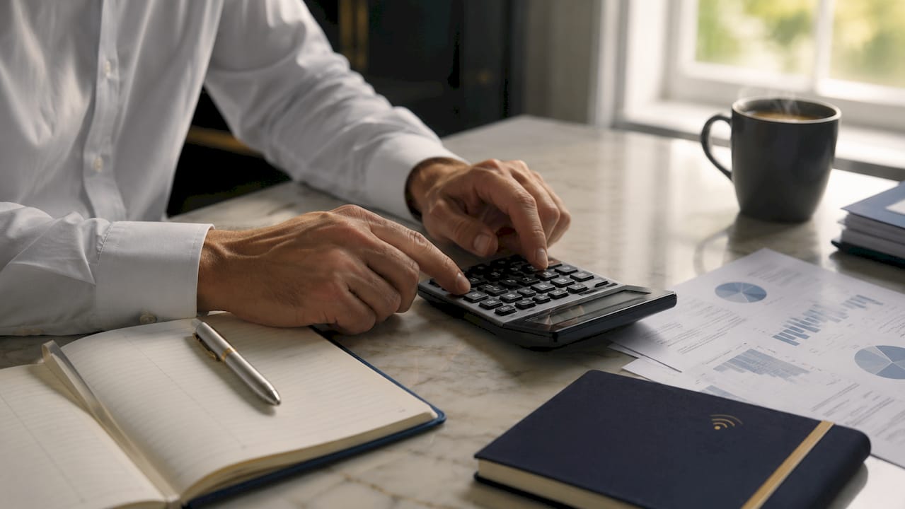 Des mains en train de saisir des montants sur une calculatrice pour établir une facture