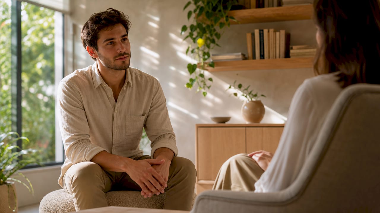 Vue de profil d’un hypnothérapeute échangeant avec son client dans un climat de respect et d’écoute.