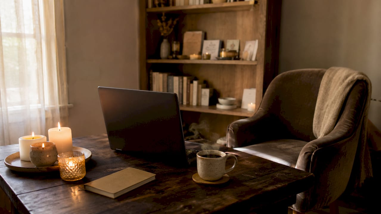 Espace de travail soigneusement aménagé pour des séances d’hypnose spirituelle