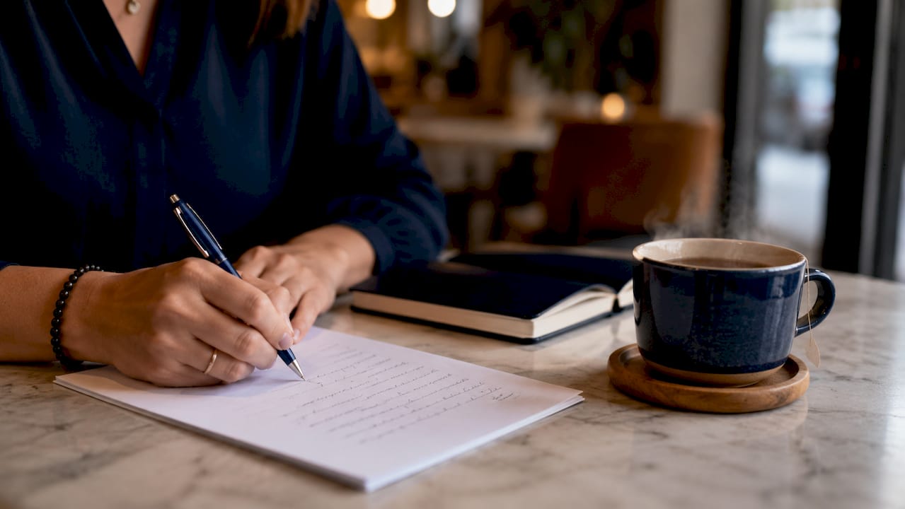 Un thérapeute prend des notes en inscrivant des principes de la thérapie cognitivo-comportementale sur une feuille.