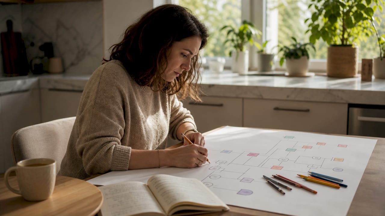 Dans un bureau paisible, une femme trace attentivement un génogramme sur une feuille, concentrée sur chaque détail.