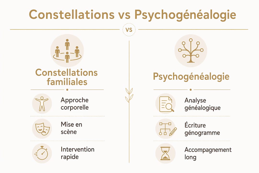 Infographie : les différences et points communs entre constellations familiales et psychogénéalogie