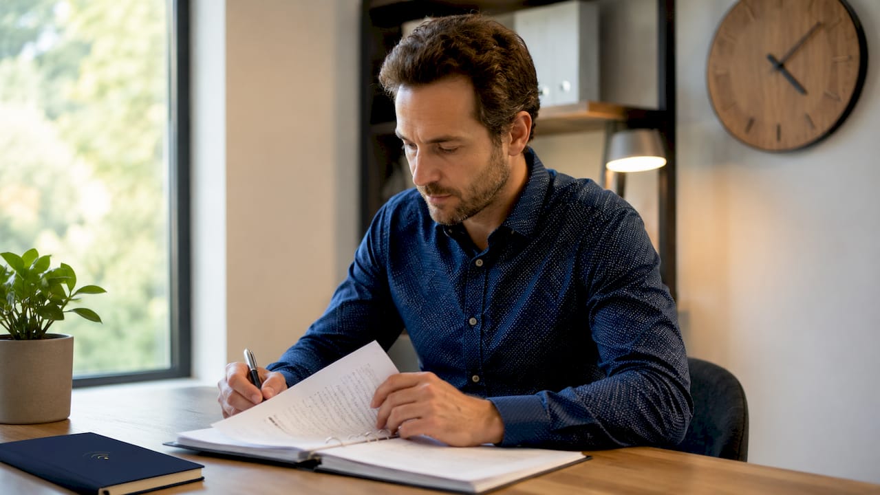 Un thérapeute en pleine supervision, prenant des notes pendant une séance.