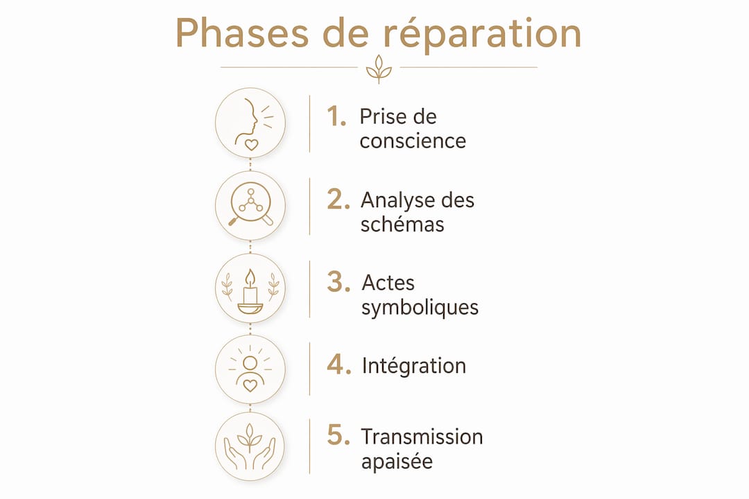 Schéma illustrant les différentes étapes pour se libérer des héritages familiaux en psychogénéalogie